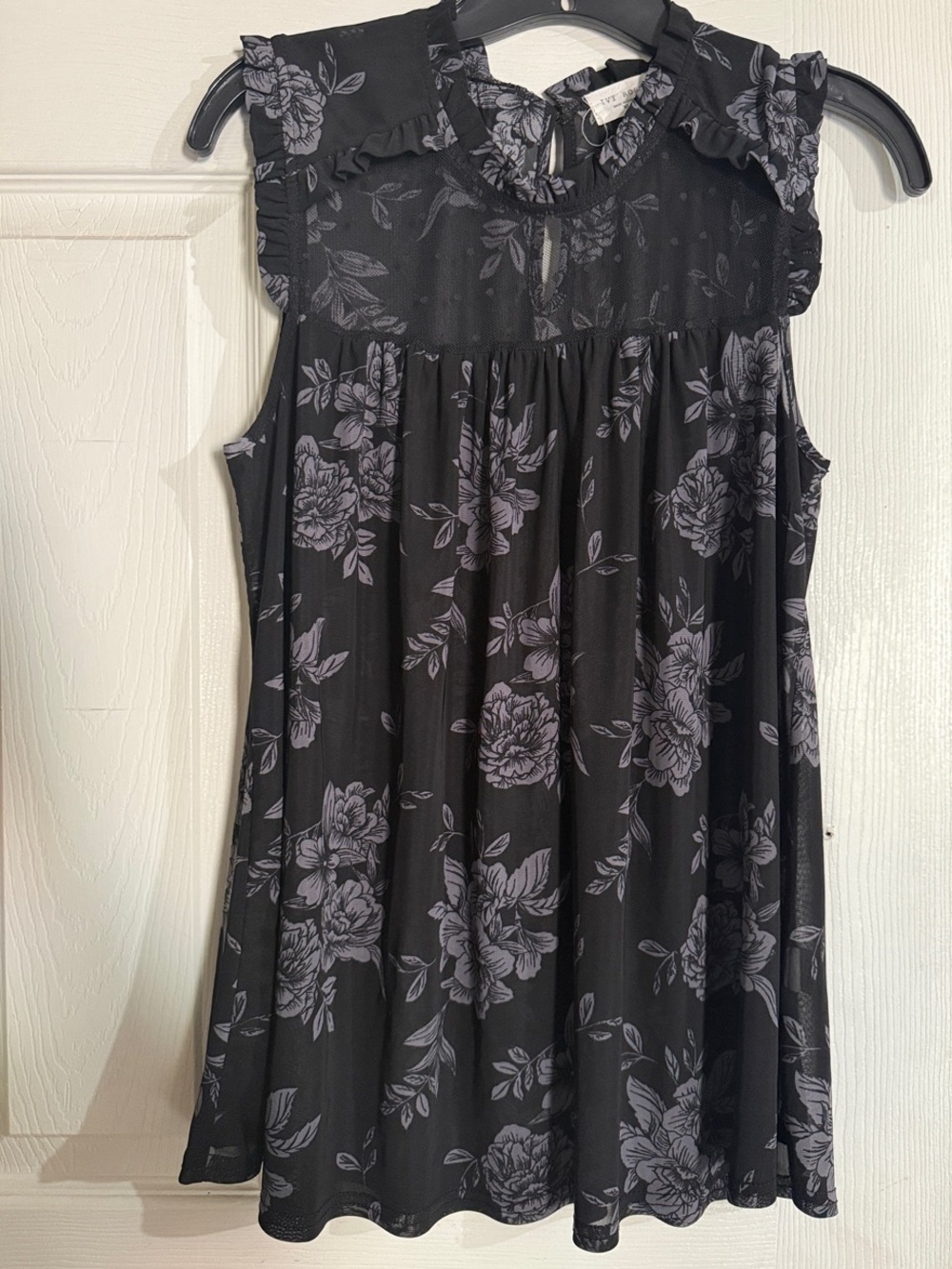 Sleeveless Black Floral Ruffle-Yoke Blouse